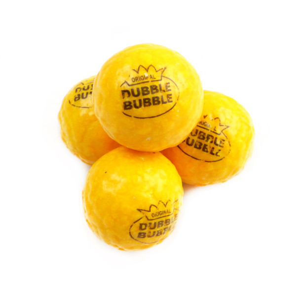 Dubble Bubble Gold Rocks Gumballs, bright yellow-gold, bumpy surface, 1-inch diameter, approx 55 per pound.