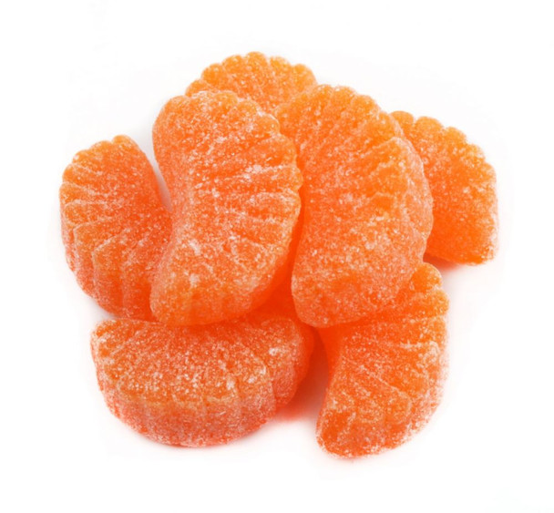 Bright orange jelly candy slices, sour citrus flavor. Classic chewy orange-shaped candy, about 32 pieces per pound.