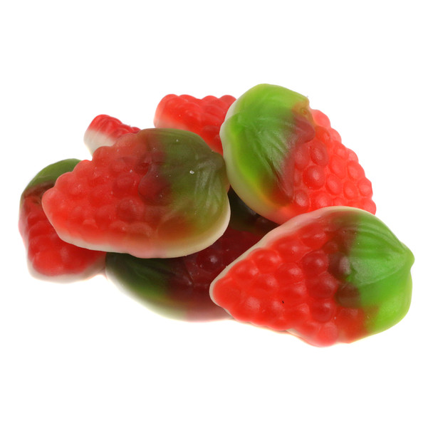 Bright red strawberry-shaped gummy candies with green stems and fluffy cream. Approx. 75 Strawberries and Cream gummies per pound.