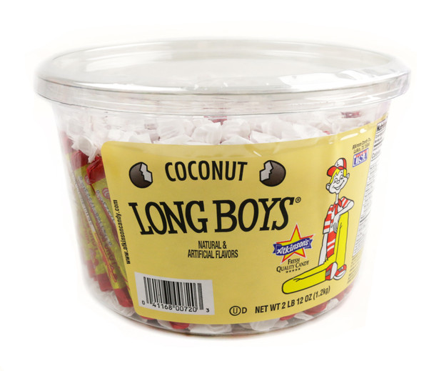 130 Atkinson old-fashioned Long Boys coconut caramel candy, creamy with white coconut flakes, individually wrapped in tub.