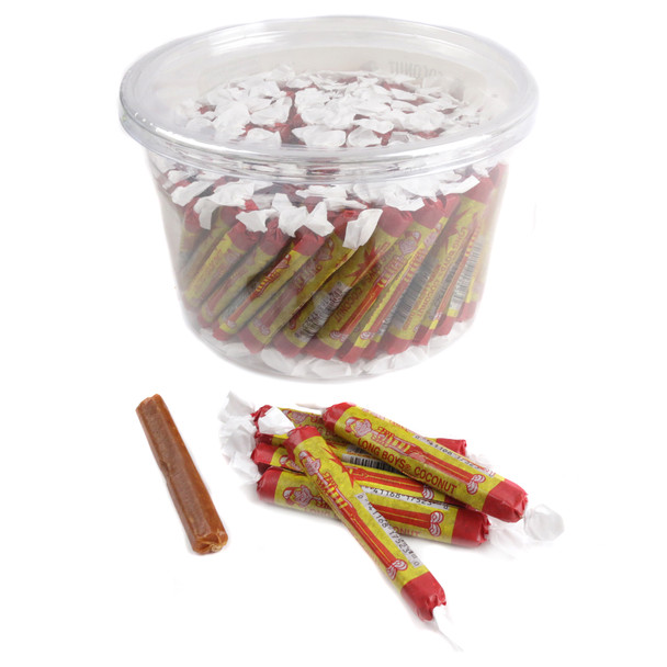 Long Boys coconut caramel candy tub, 130 individually wrapped fun-size pieces. Creamy light brown with white coconut flakes.