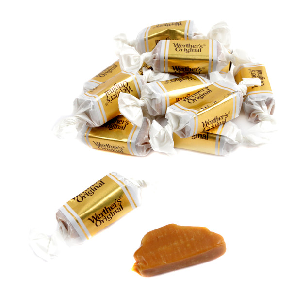 Werther's Caramel Chews, rich brown, chewy caramel candy, approx. 64 per pound, silky smooth, real butter, fresh cream.