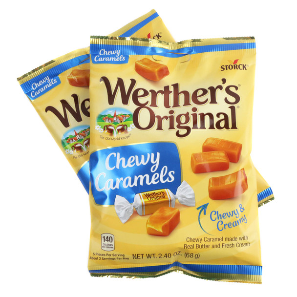 Brown Werther's Caramel Chews, approx. 64 per pound, chewy caramel candy made with real butter and cream.