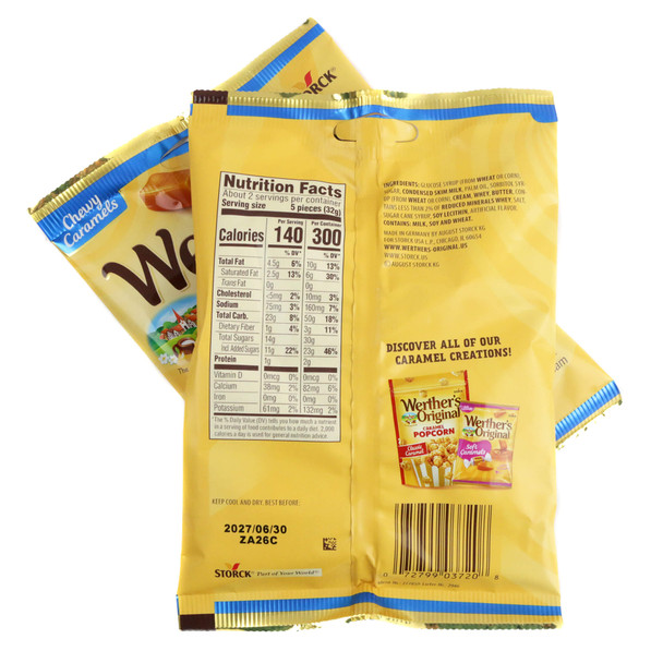 Werther's Caramel Chews, rich brown, chewy caramel candy, approx. 64 per pound, silky smooth, real butter, fresh cream.