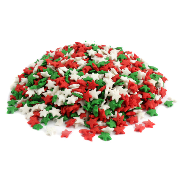 Colorful red, white, green Christmas star sprinkles by Sprinkle King. Festive holiday baking decor for treats.