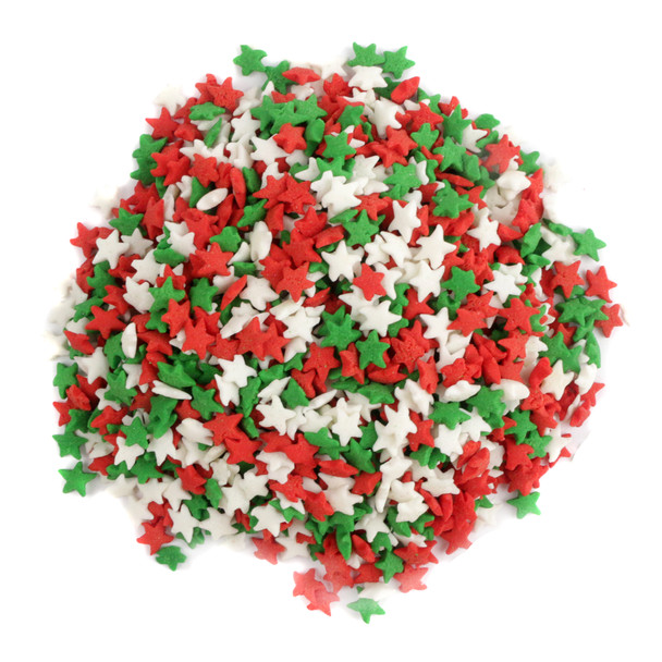 Christmas Star Sprinkles, red, white, green star-shaped baking sprinkles by Sprinkle King for holiday treats.