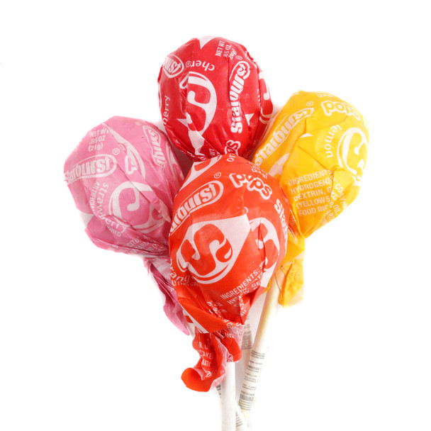 72 Starburst Lollipops, individually wrapped. Assorted strawberry, cherry, orange, lemon fruit flavors, red, orange, yellow.