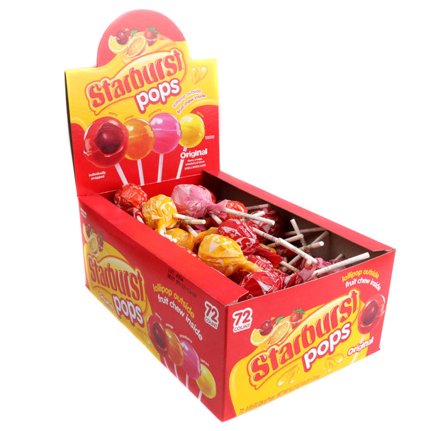 72 Starburst Lollipops. Assorted strawberry, cherry, orange, lemon fruit flavors, individually wrapped.