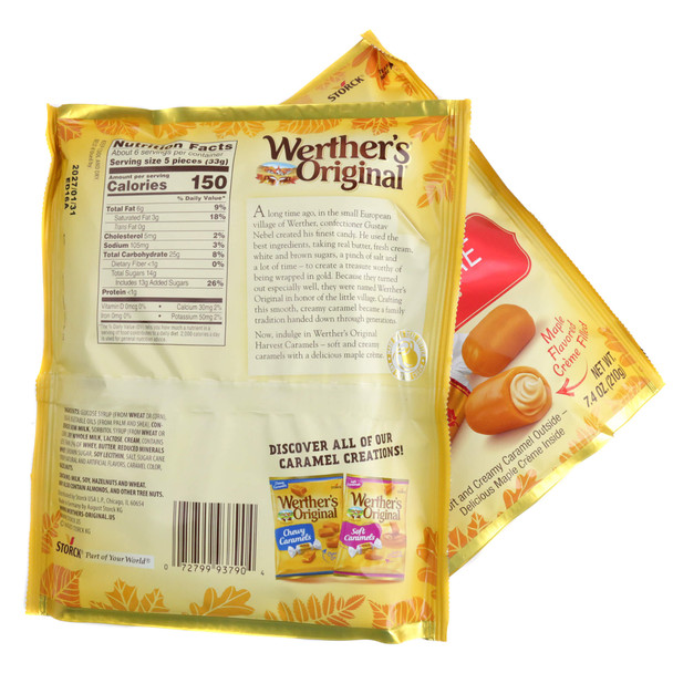 The back of a Werther's Original Maple Crème Soft Caramels bag showing the nutritional facts label, ingredient list, and allergen