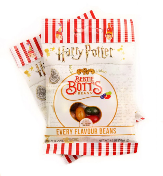 Six 1.9oz bags of Harry Potter Bertie Bott's Every Flavour Beans, colorful assortment of weird and wonderful jelly beans.