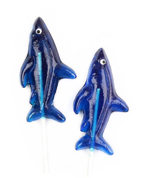 6 blue shark lollipops, blue raspberry flavored, individually wrapped, perfect for beach or shark party favors.