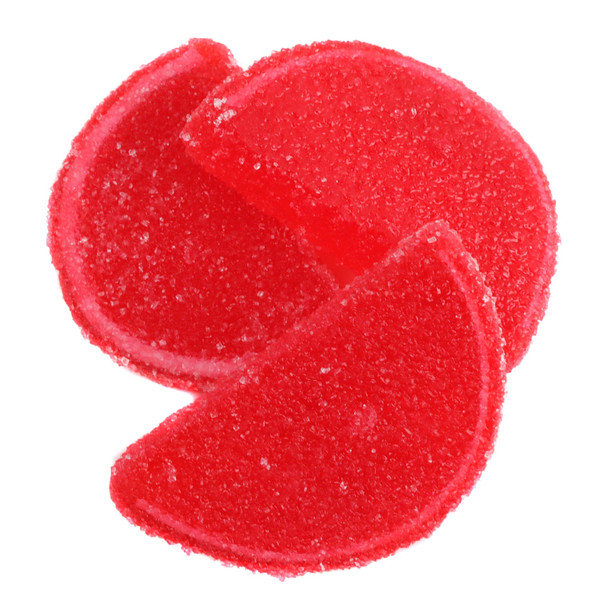 Unwrapped Cherry Jelly Candy Slices, bright red, 5LB box. Sweet cherry flavor, approximately 90 individual slices.