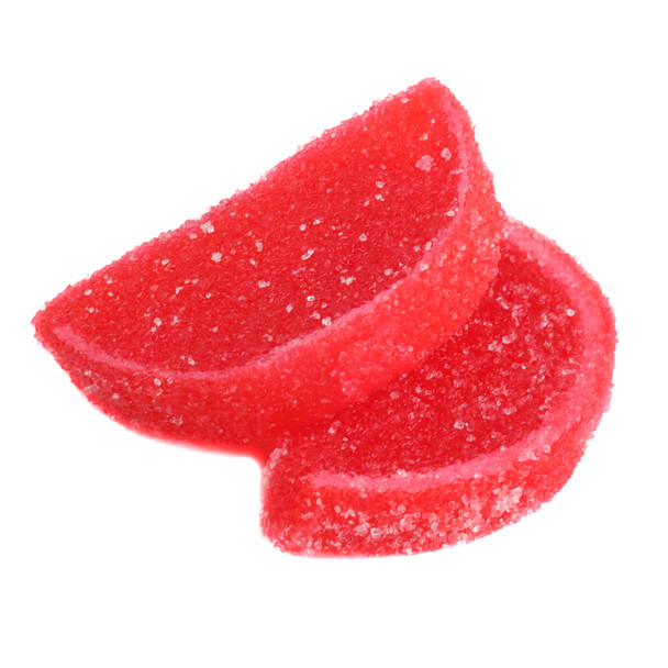 Unwrapped, vibrant red cherry jelly candy slices, 5LB box. Approximately 90 sweet, soft slices.