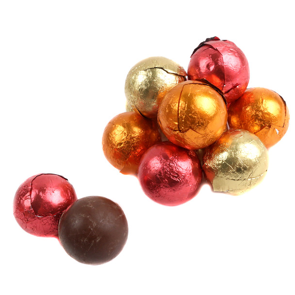 Autumn Mix milk chocolate balls, gold, orange, red foil. 3/4 inch solid chocolate, approx 73 pieces.