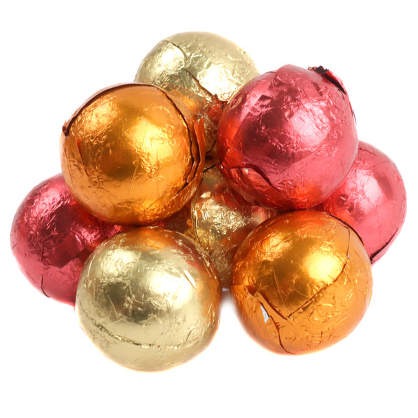 Milk Chocolate Balls Autumn Mix, solid milk chocolate, gold, orange, red foil wrapped, 3/4inch diameter, approx 73 per pound.