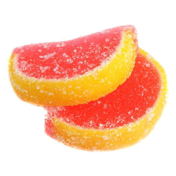 5LB box, approx 90 unwrapped Pink Grapefruit Jelly Candy Slices. Pink center, yellow rind, sugar-coated.