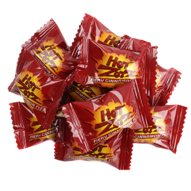 Vibrant red Hot Zotz hard candy, spicy cinnamon fizzy center, approx 90 pieces per pound.