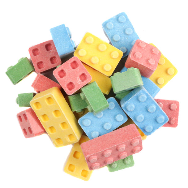 Assorted pastel Candy Blox, Lego-shaped fruity candy blocks, approximately 150 pieces per pound.