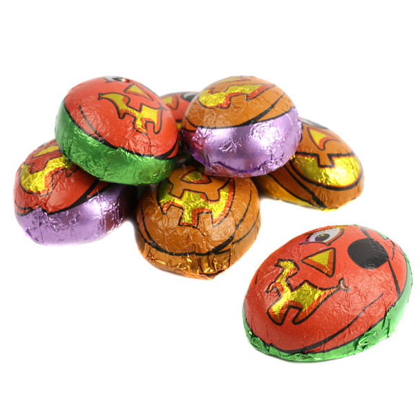 Vibrant orange Palmer Plumpkin Pals, 45 individually foil-wrapped milk chocolate jack-o-lantern candies.