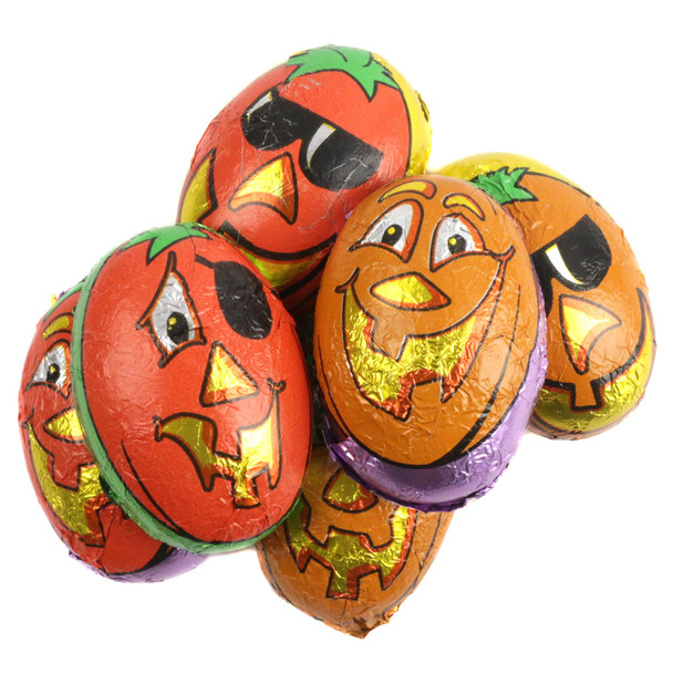 Palmer Plumpkin Pals, vibrant orange jack-o-lantern face milk chocolate Halloween candies, individually foil-wrapped.