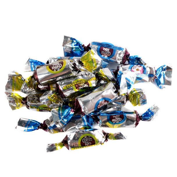 Coffee Rio Sugar Free Hard Candy Mix, original and latte flavors, brown and cream colored, approx 87 pieces.