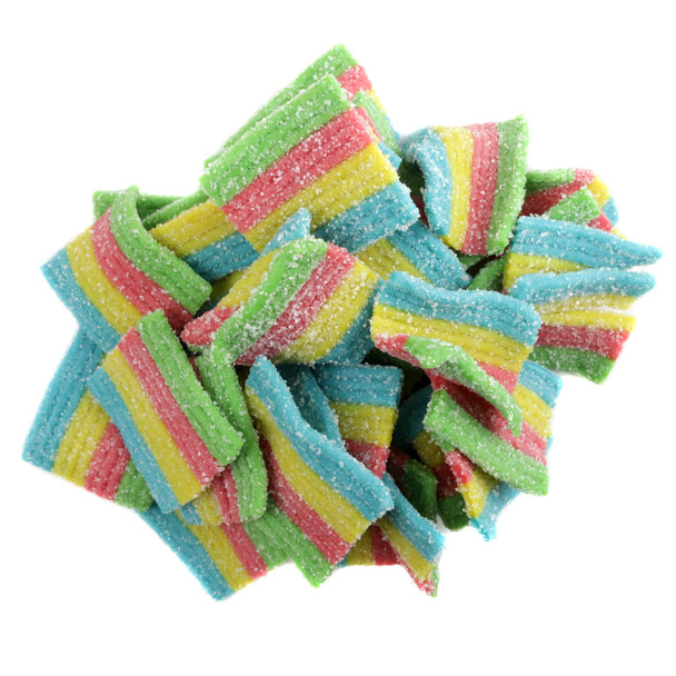 Mini sour rainbow belts, vibrant multicolored gummy candy, Kervan, about 150 pieces per pound.