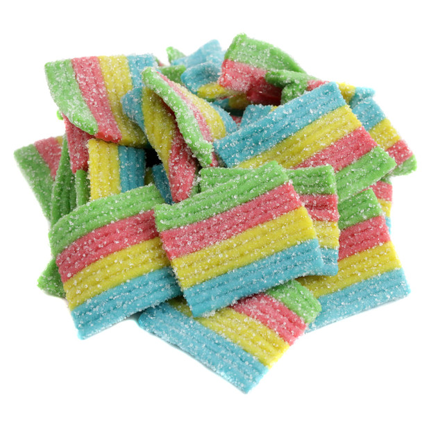 Mini Sour Rainbow Belts, vibrant multi-colored Kervan gummy candy, approx. 150 belts per pound.