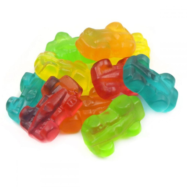 Colorful, highly detailed gummy race cars, approximately 90 pieces per pound.