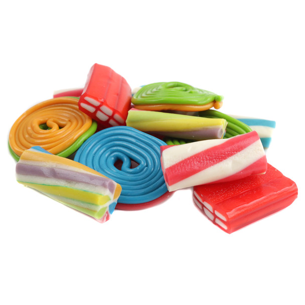Vibrant rainbow licorice mix, including wheels, filled cuts, twists, and bricks, unwrapped bulk candy.