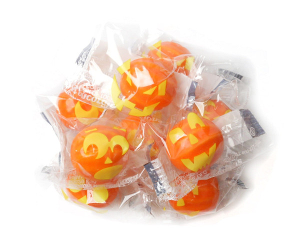 Orange Jack-O-Lantern gumballs, individually wrapped, by Dubble Bubble. Approximately 80 Halloween gumballs per pound.