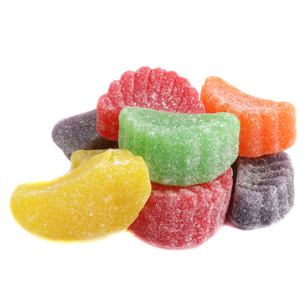 Assorted Fruit Slices Candy, vibrant rainbow colors, ~34 chewy jelly slices per pound, lemon, cherry, strawberry, orange.