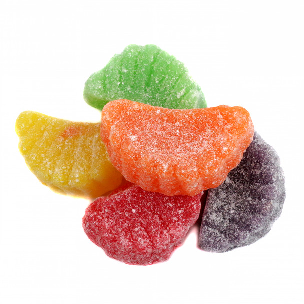 Vibrant rainbow fruit slices candy, assorted lemon, cherry, strawberry, orange jelly chews, approx. 34 per pound.
