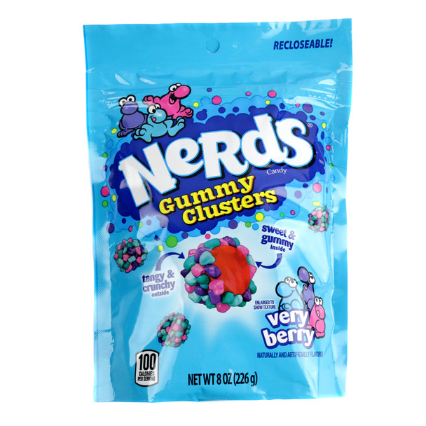 Nerds Clusters Very Berry, blue, purple, red crunchy candy bits covering soft chewy sweet gummies.