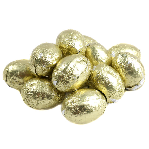 Shiny gold foil wrapped milk chocolate flavored eggs, approx 80 pieces per pound, for Easter