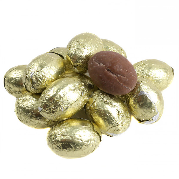Shiny gold foil wrapped milk chocolate flavored eggs, approx 80 pieces per pound, delicious Easter candy treat.
