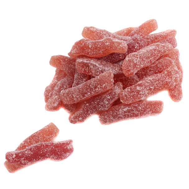Bright pink Sour Pink Cadillacs, chewy gummy candy with sour strawberry, cherry, black currant flavors.
