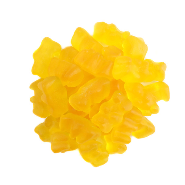 Yellow mango gummy bears, approximately 125 per pound. Delicious tropical candy from Spain, perfect for summer.