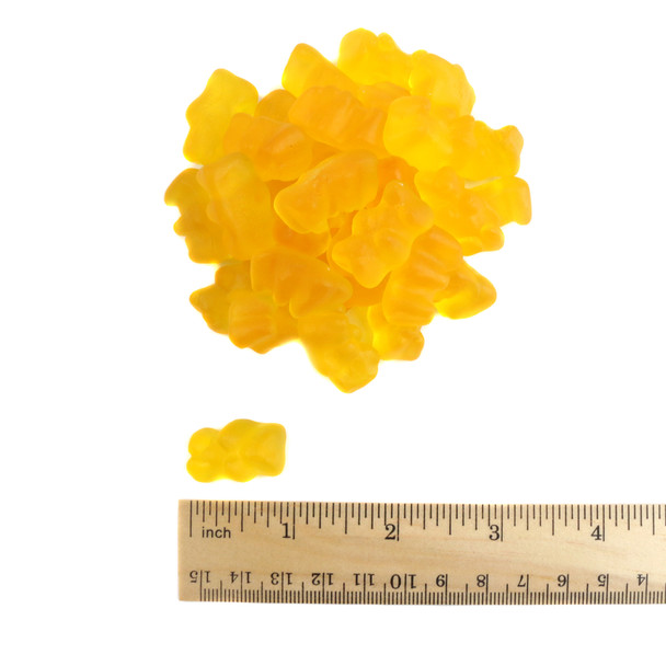 Yellow mango gummy bears, approximately 125 per pound, imported from Spain. Tropical candy for luau & summer parties.