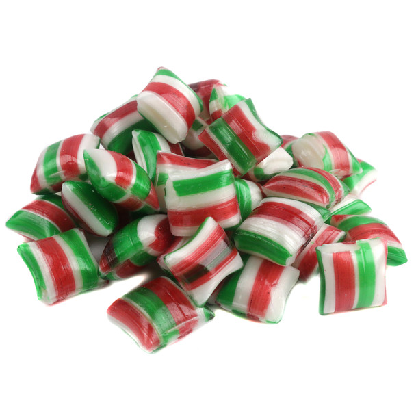 Close-up of individually wrapped red, green, and white striped hard peppermint candies