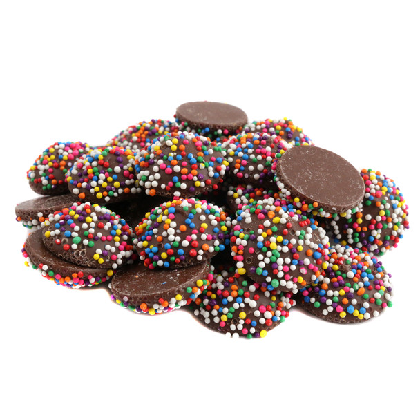 Pure Milk Chocolate Rainbow Nonpareils, approx 130 per lb, vibrant colorful sprinkles, USA made.