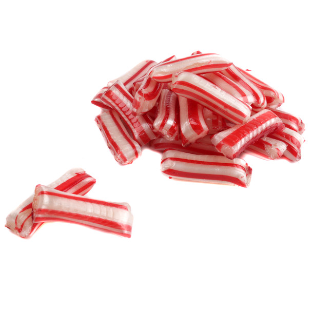 Red and white striped peppermint mint straws, a classic Christmas candy by Cavalier Candies.