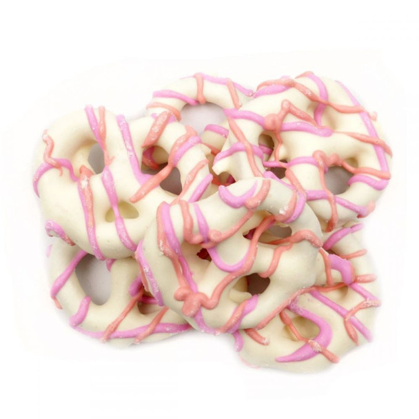 Easter Yogurt Pretzels, mini pretzels coated with yogurt, drizzled with purple and pink stripes, approx 65 per pound.