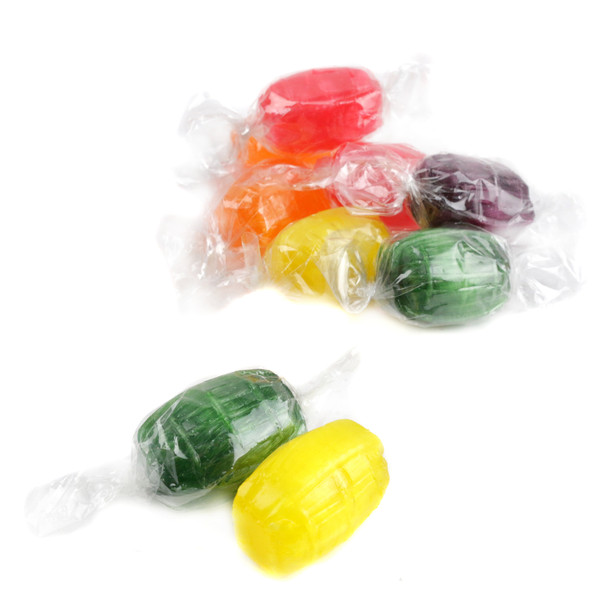 Assorted Fruit Hard Candy Barrels, colorful rainbow barrel-shaped candies, individually wrapped, approx. 70 pieces per pound.