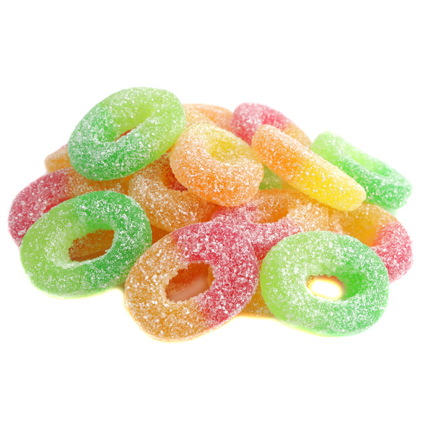Efrutti Apple Trio Gummy Rings, sweet & sour, sugar-coated. Green, yellow, & red chewy apple-flavored candy rings.