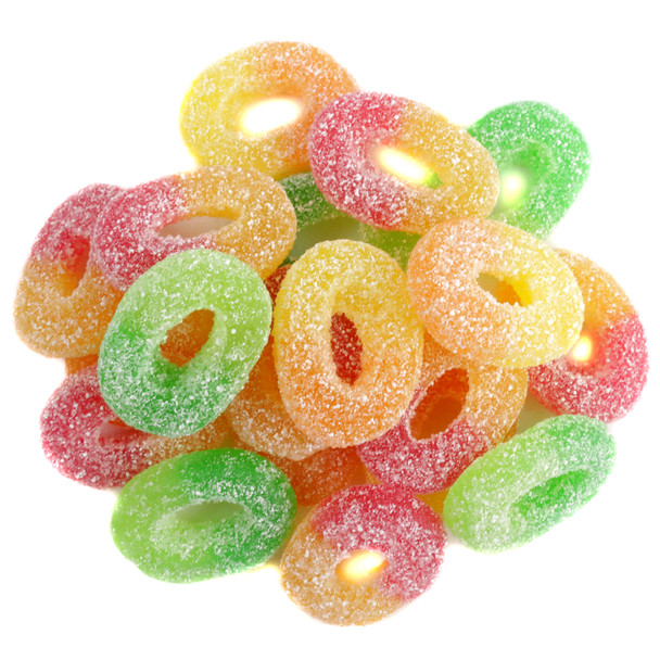 Efrutti Apple Trio Gummy Rings, sweet & sour, colorful sugar-coated rings with Granny Smith, Golden Delicious, Honey Crisp flavors.