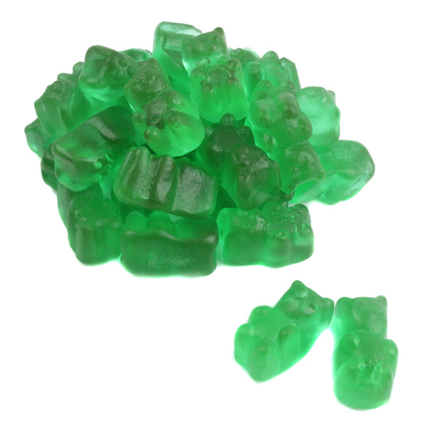 Bright green Watermelon Gummy Bears. Sweet watermelon flavor, approx 125 pieces per pound. Bulk candy.