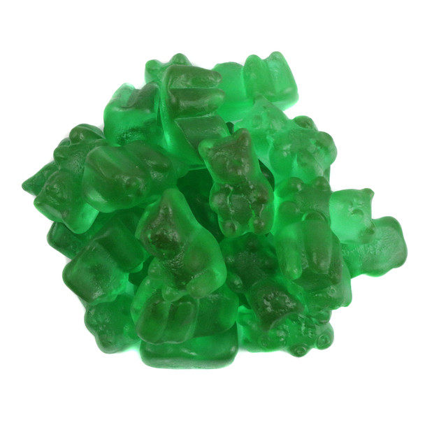 Bright green watermelon flavored gummy bears, approximately 125 pieces per pound.