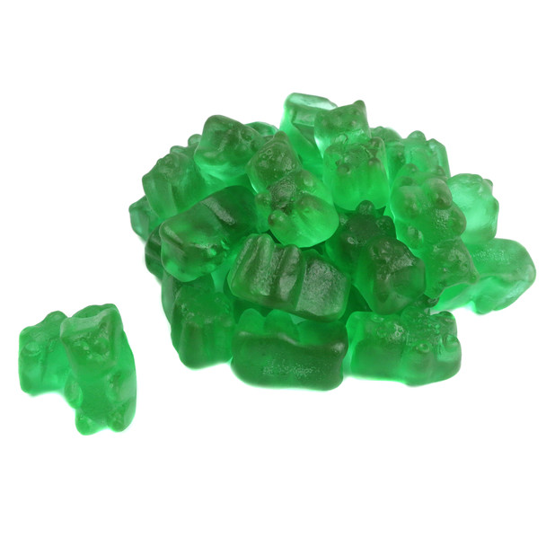 Bright green Watermelon Gummy Bears, approximately 125 per pound. Delicious, high-quality candy treat.