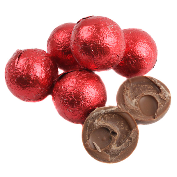 Red foiled double chocolate balls, individually wrapped, approx. 35 per pound, rich milk chocolate.