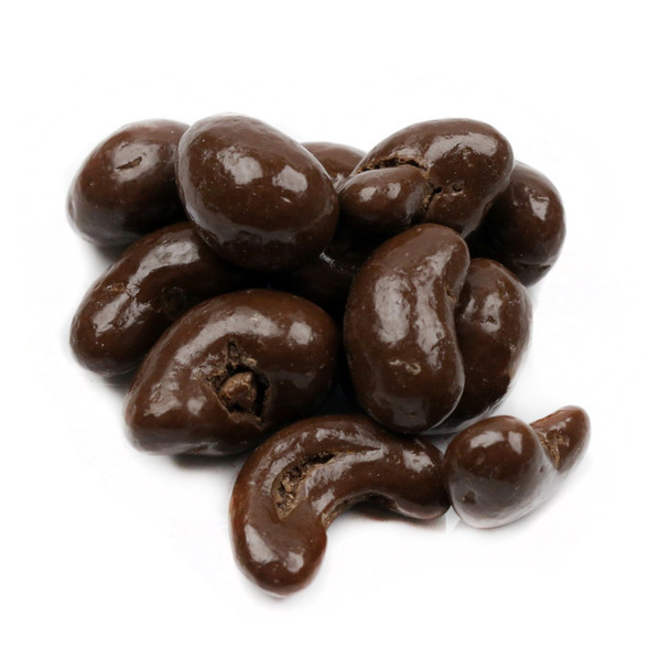 No Sugar Added Milk Chocolate Cashews. Light brown cashews coated in rich, dark brown chocolate, sugar-free.